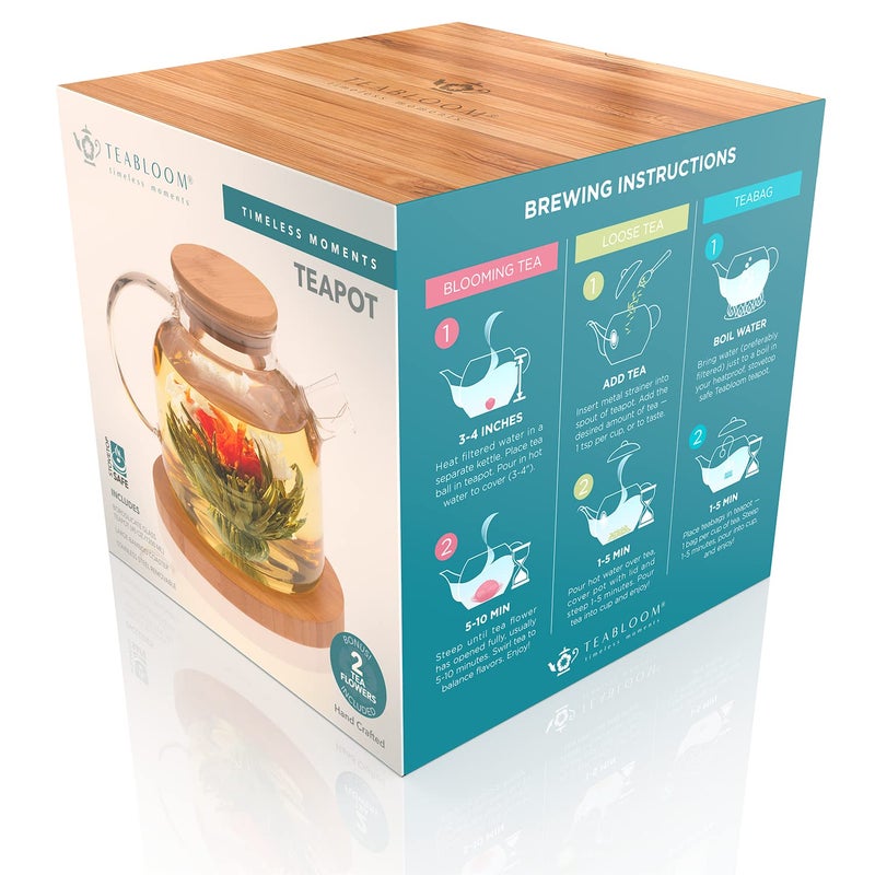 Teabloom Stovetop Safe Glass Teapot with Bamboo Lid (40oz/1200ml) + Loose Leaf Tea Filter Spout + 2 Blooming Teas + Large Bamboo Trivet - Natural Flowering Tea Gift Set - Image 5